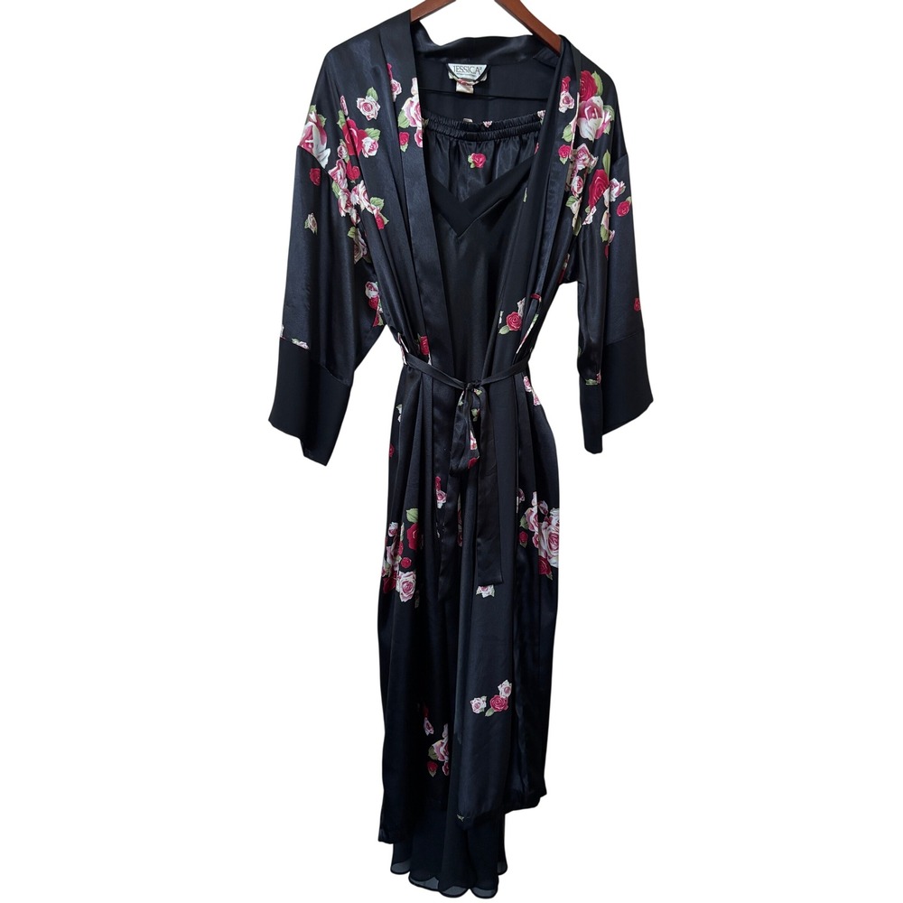 Jessica Intimates Vintage Black Floral Satin Robe Nightgown Set Medium 90s Y2K